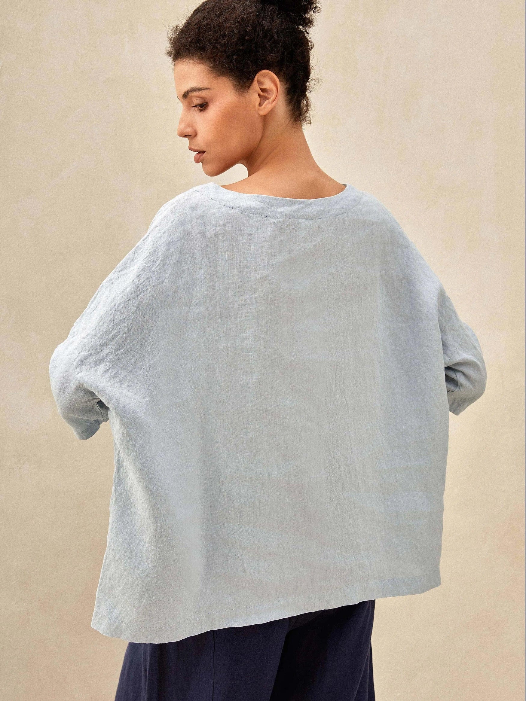 100% Linen Gingham Checked Boatneck 3/4 Length Sleeve Top - TOPS-Linen Blouses