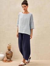100% Linen Gingham Checked Boatneck 3/4 Length Sleeve Top - TOPS-Linen Blouses