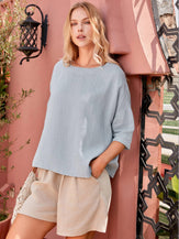 100% Linen Gingham Checked Boatneck 3/4 Length Sleeve Top - TOPS-Linen Blouses