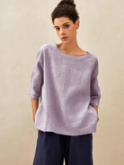 AURORA 100% Linen Boatneck 3/4 Length Sleeve Top - TOPS-Linen Blouses