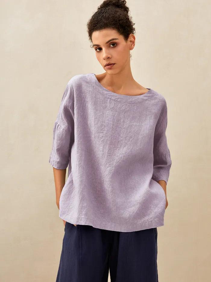 AURORA 100% Linen Boatneck 3/4 Length Sleeve Top - TOPS-Linen Blouses
