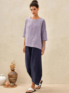 AURORA 100% Linen Boatneck 3/4 Length Sleeve Top - Lavender / S - TOPS-Linen Blouses