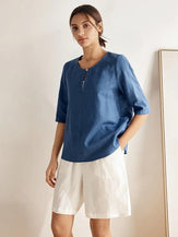 Linen Button-Down V-Neck Top MELANIE - TOPS-Linen Blouses
