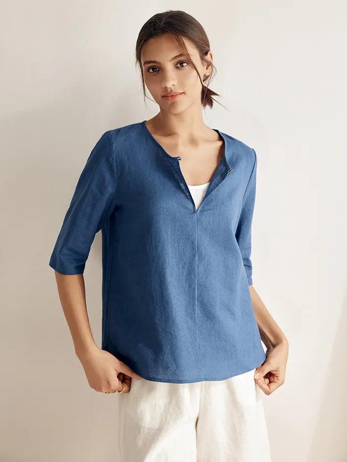 Haut MELANIE en lin boutonné à décolleté V - bleu denim / S - HAUTS - blouses en lin
