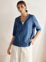 Linen Button-Down V-Neck Top MELANIE - TOPS-Linen Blouses