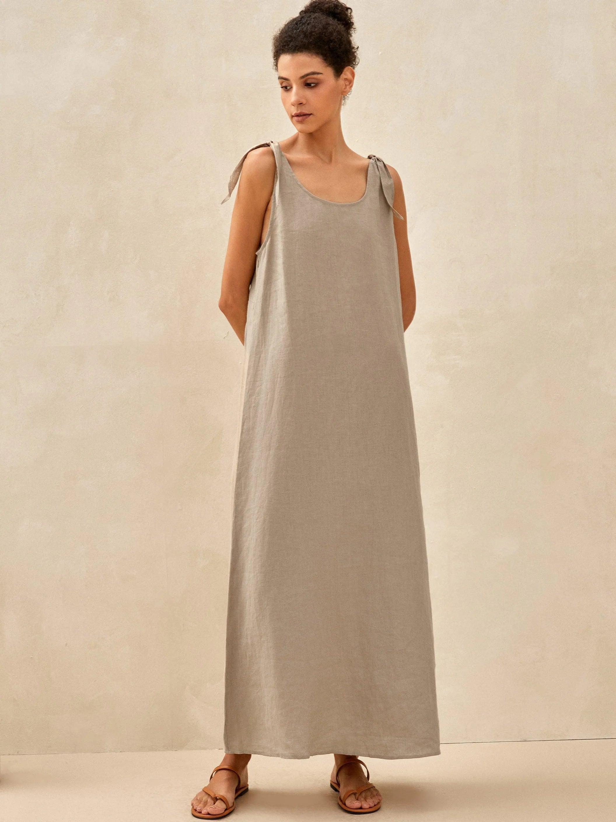 100% Linen Camisole Dress QEARL - DRESSES-Linen Maxi