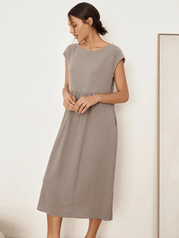 Linen Striped Cap Sleeve Washed Maxi Dress - DRESSES-Linen