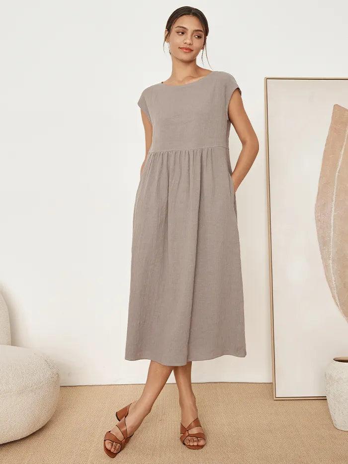 Linen Striped Cap Sleeve Washed Maxi Dress JOAN – LINTICO
