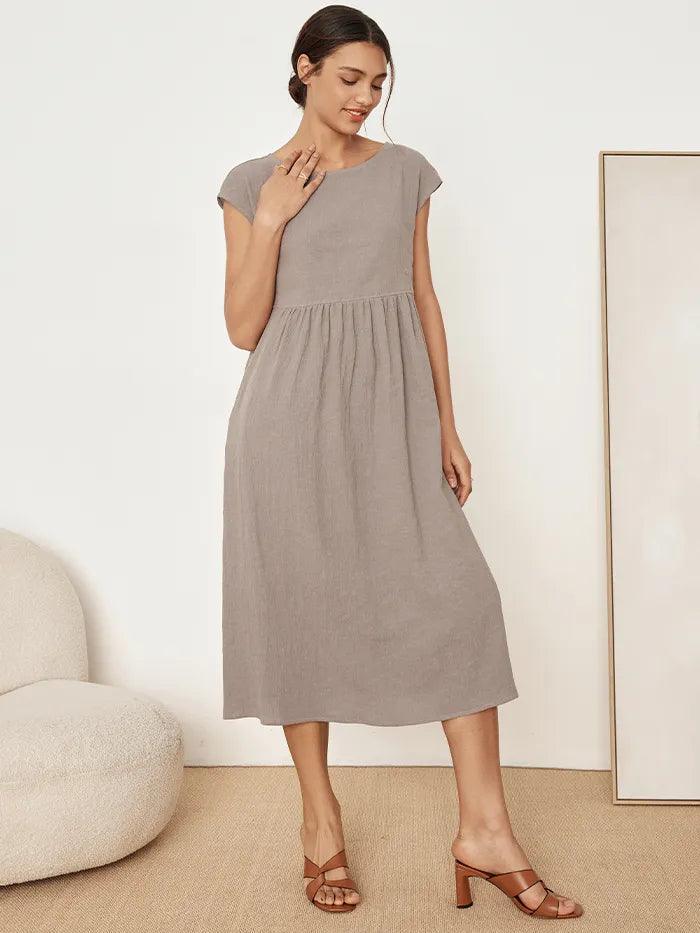 Linen Striped Cap Sleeve Washed Maxi Dress - DRESSES-Linen