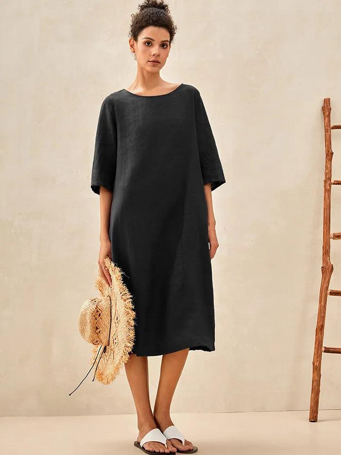 100% Linen Collarless Mid-Length Dress SOFIA - Charcoal Black / S - DRESSES-Linen Midi