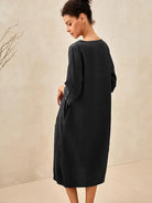 100% Linen Collarless Mid-Length Dress SOFIA - DRESSES-Linen Midi