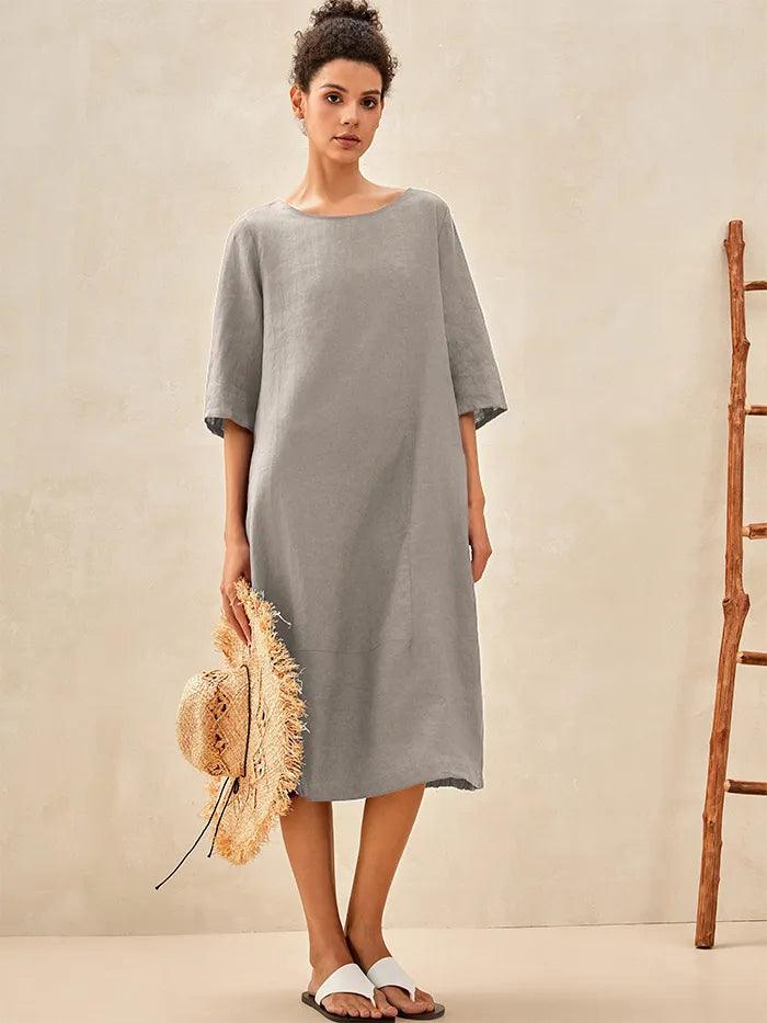 100% LINEN COLLARLESS MID-LENGTH DRESS SOFIA