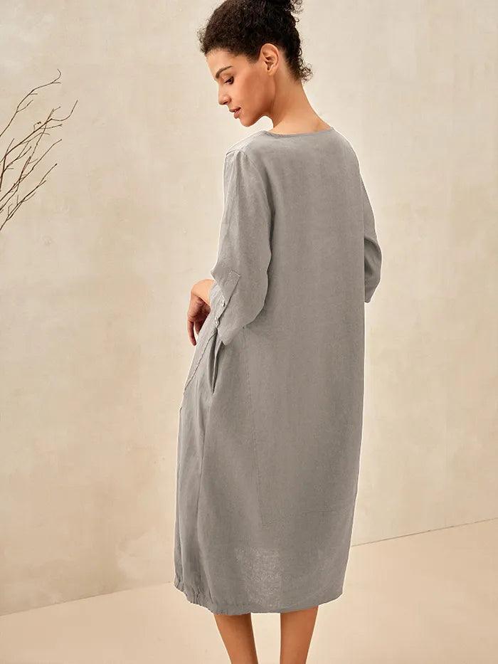 100% LINEN COLLARLESS MID-LENGTH DRESS SOFIA