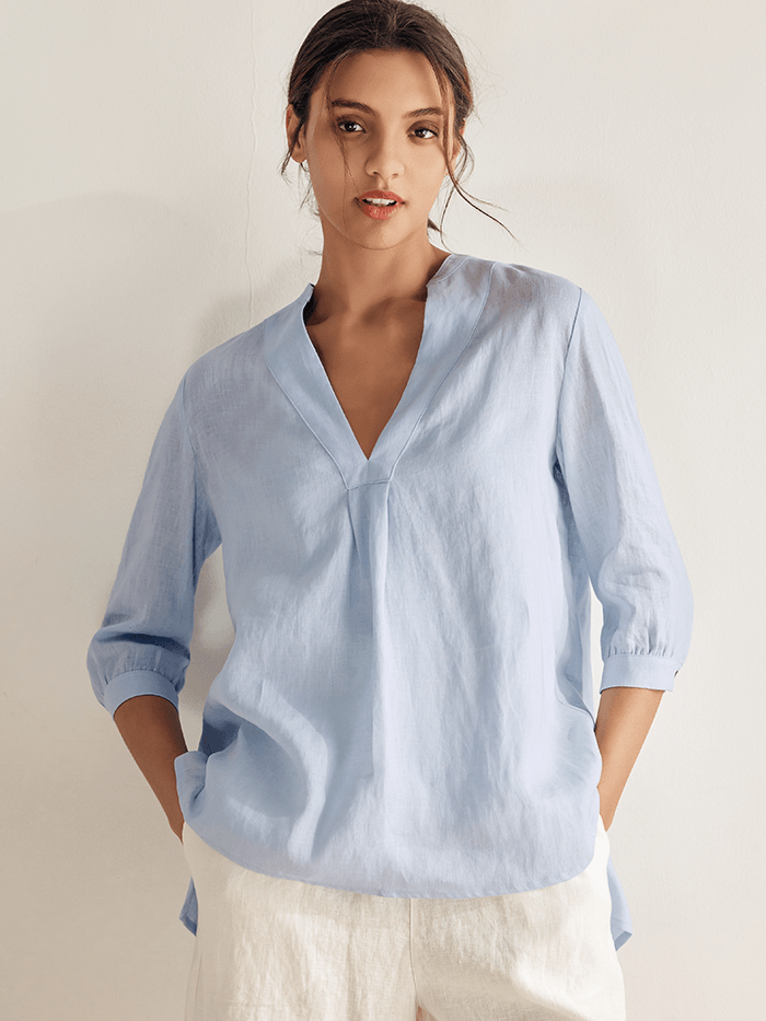 100% Linen Dress Shirt JOANNA - Ice Blue / S - TOPS-Linen Blouses