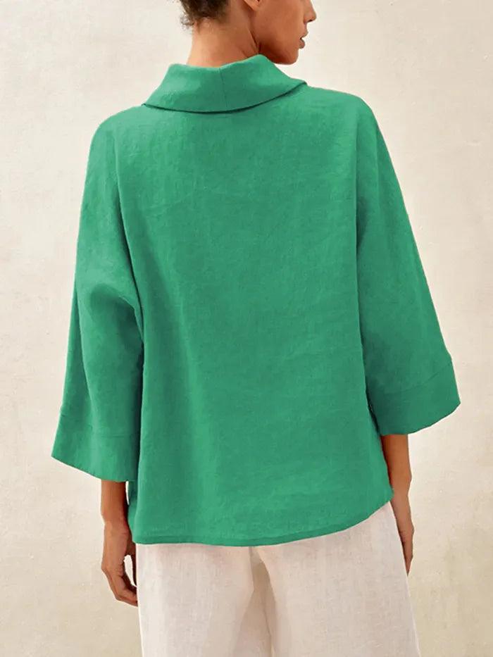 100% Linen Dropped Collar Long-Sleeve Top TRISTAN - TOPS-Linen Blouses