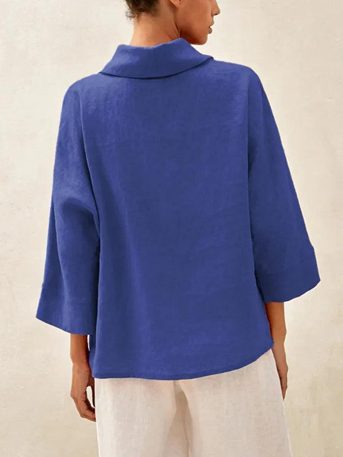 100% Linen Dropped Collar Long-Sleeve Top TRISTAN - TOPS-Linen Blouses