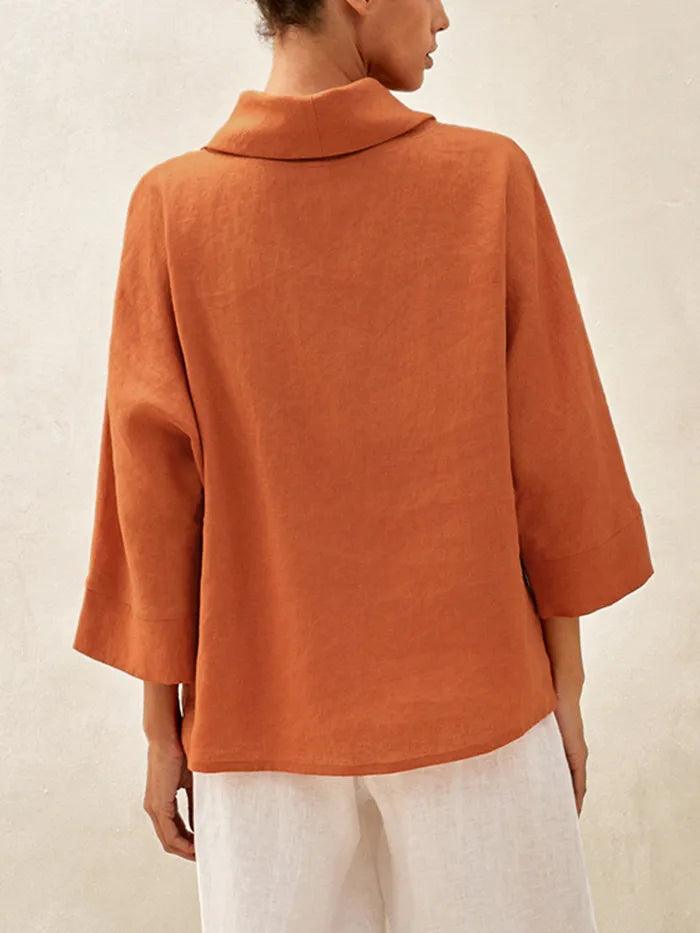 100% Linen Dropped Collar Long-Sleeve Top TRISTAN - TOPS-Linen Blouses