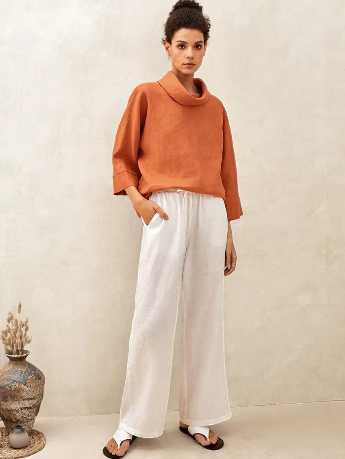 100% Linen Dropped Collar Long-Sleeve Top TRISTAN - TOPS-Linen Blouses