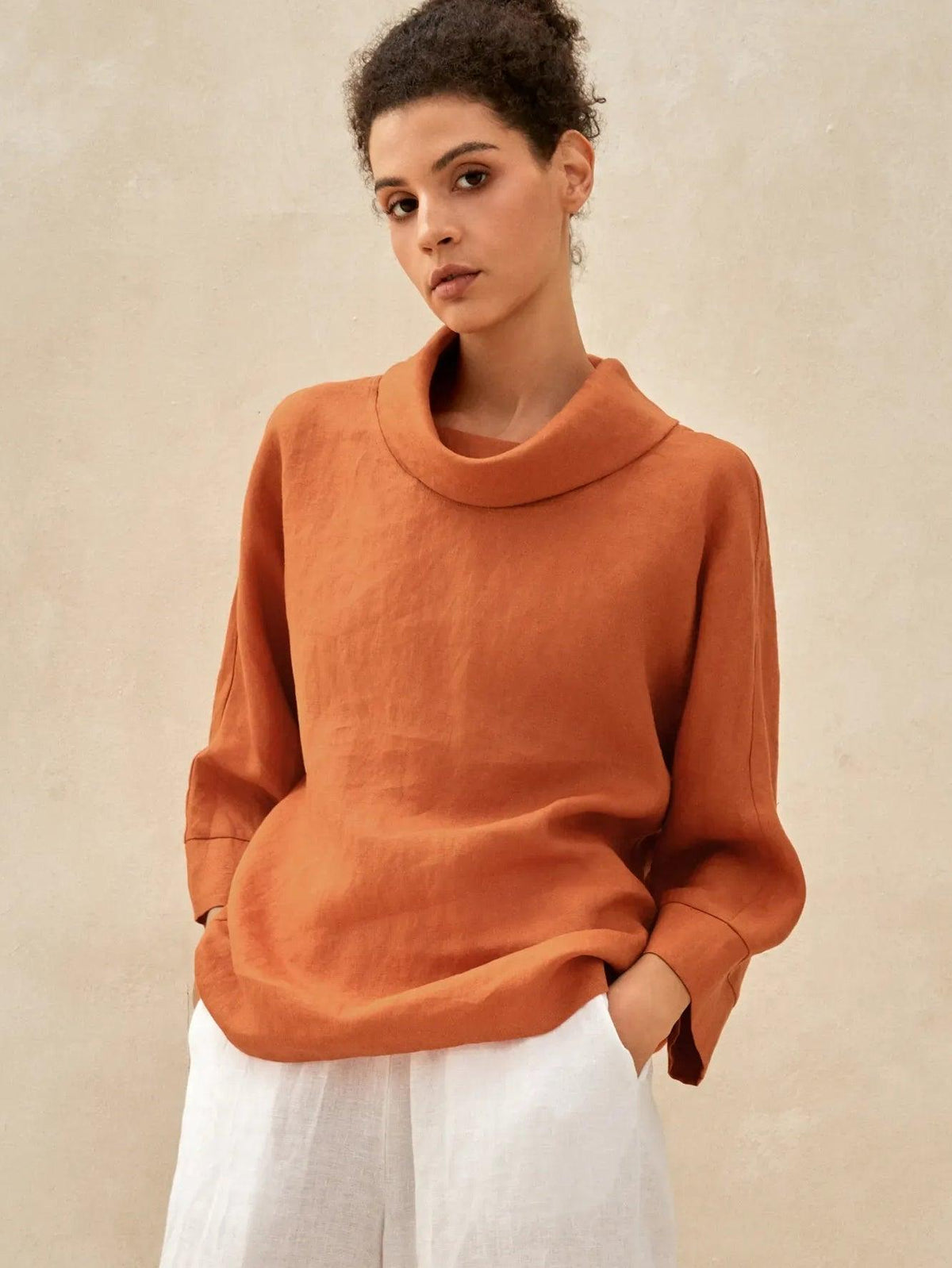 100% Linen Dropped Collar Long Sleeve Top TRISTAN