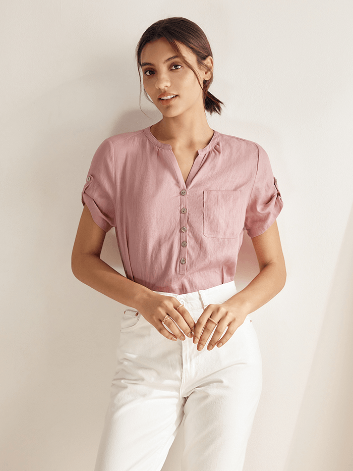 100% Linen Gathered-Neck Shirt - TOPS-Linen Blouses