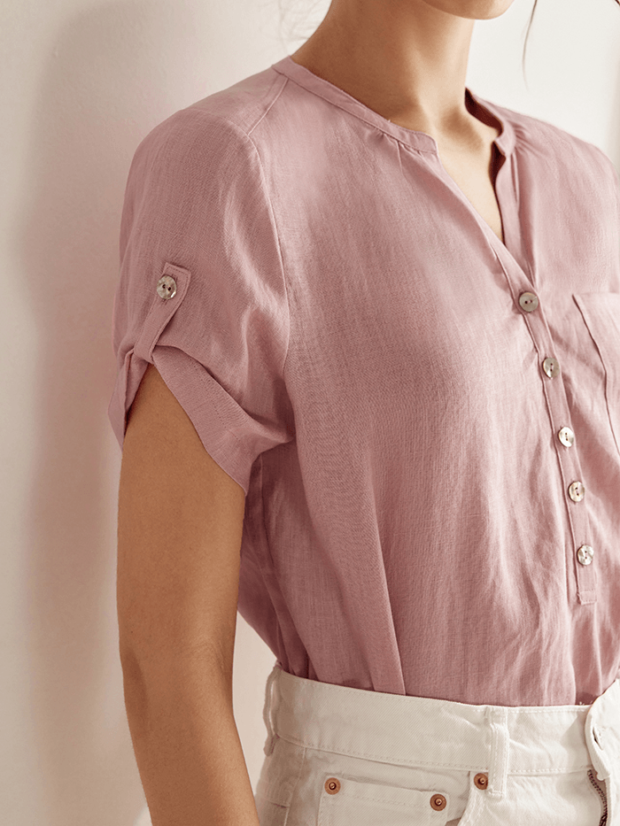 100% Linen Gathered-Neck Shirt - TOPS-Linen Blouses