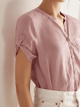 100% Linen Gathered-Neck Shirt - TOPS-Linen Blouses