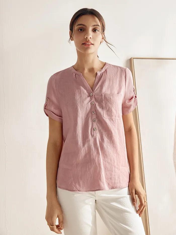 100% Linen Gathered-Neck Shirt - Light Pink / S - TOPS-Linen Blouses