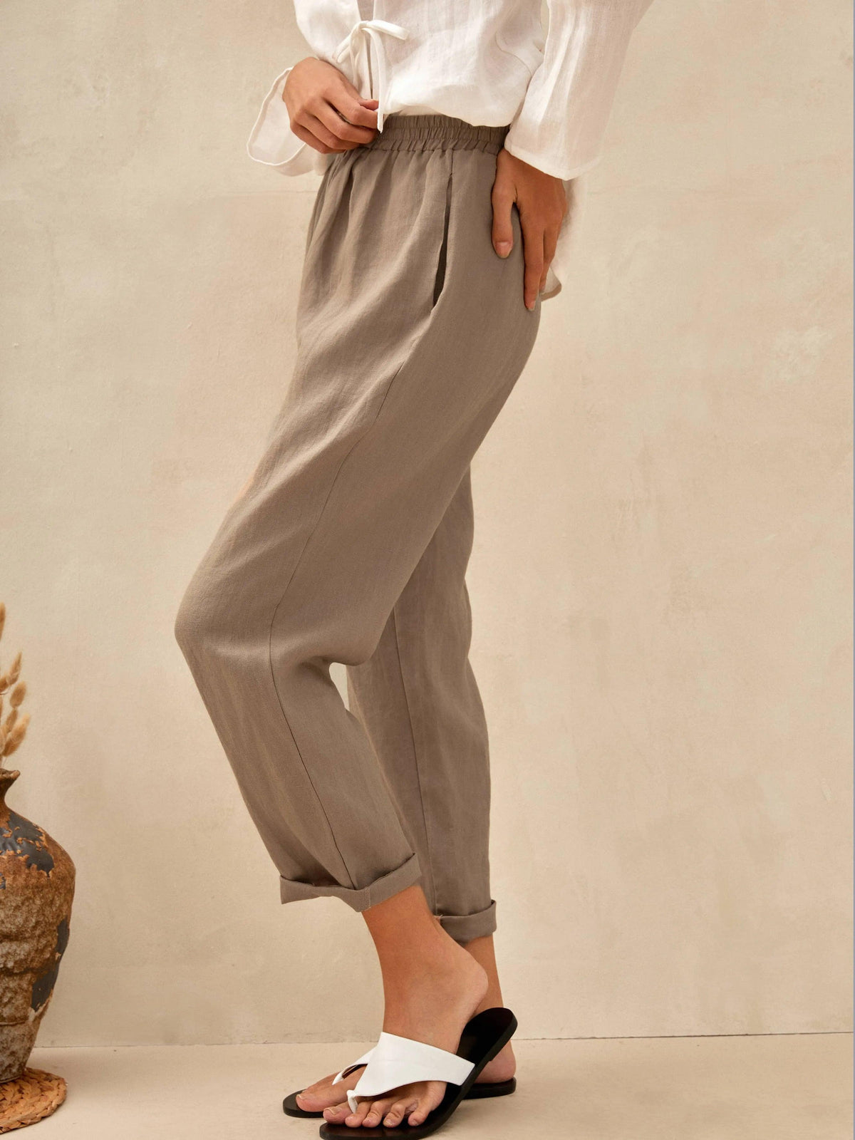 100% Linen High-Waisted Elasticated Trousers JOELLE - BOTTOMS-Linen Pants