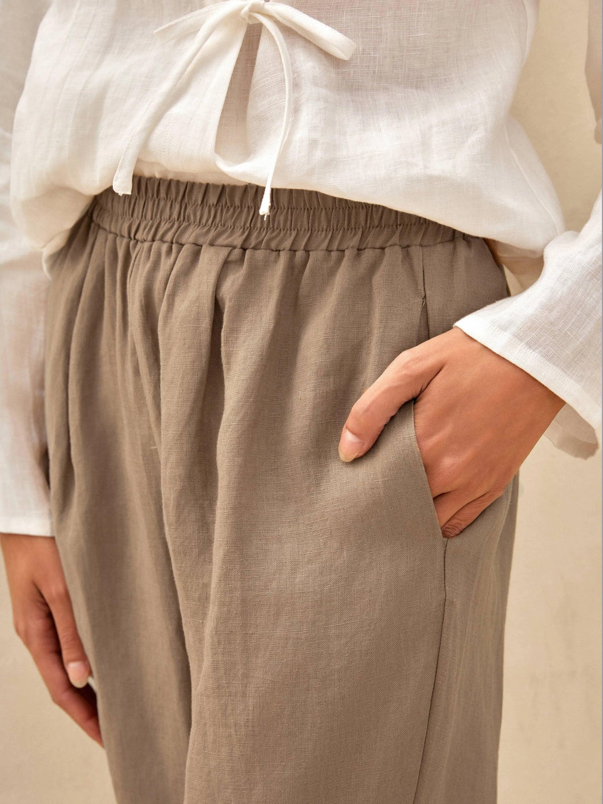 100% Linen High-Waisted Elasticated Trousers JOELLE - BOTTOMS-Linen Pants