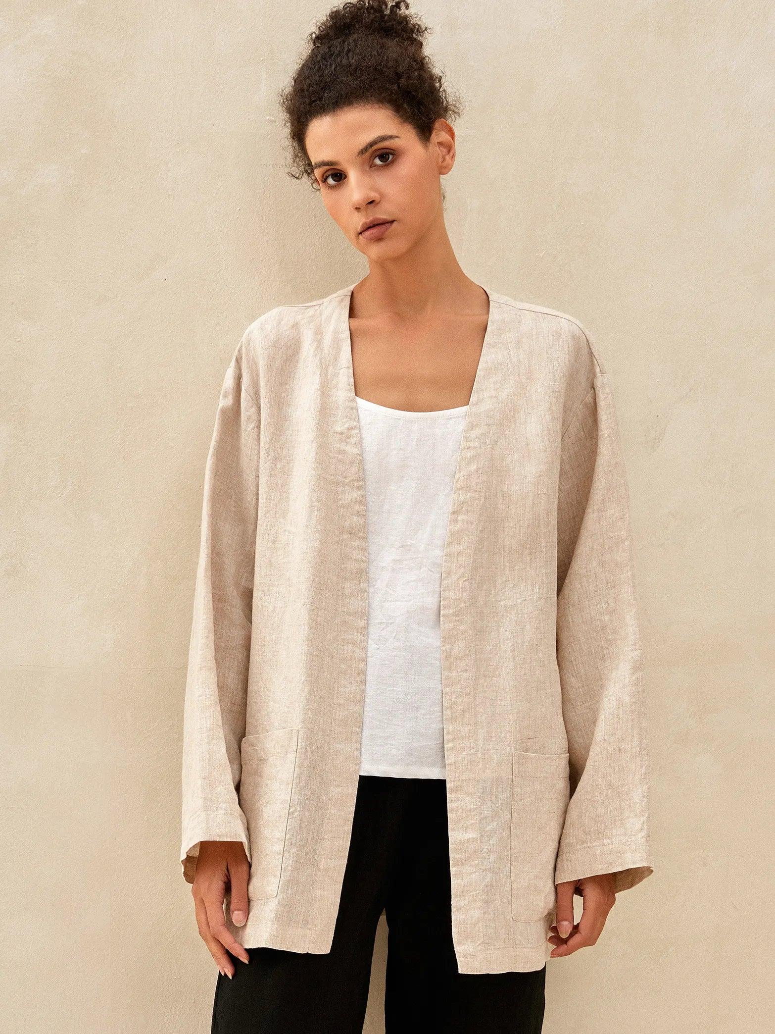 100% Linen Kimono Blazer GREER - Natural Melange / S - TOPS-Linen Jackets