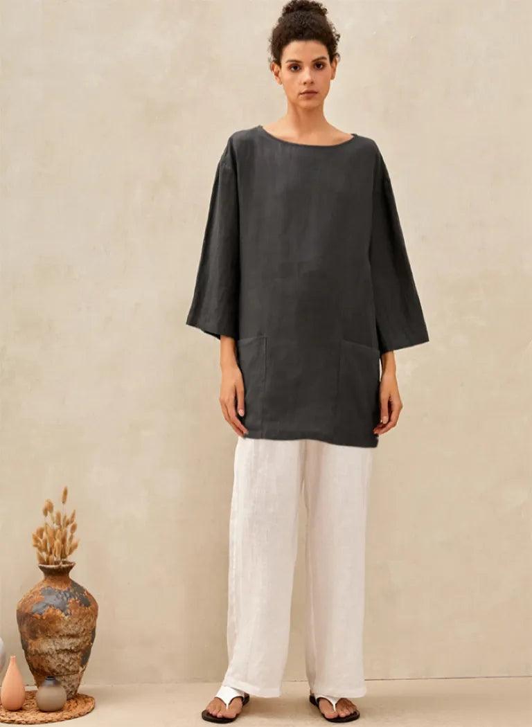 100% Linen Loose Long Shirt LILY - TOPS-Linen Tunics