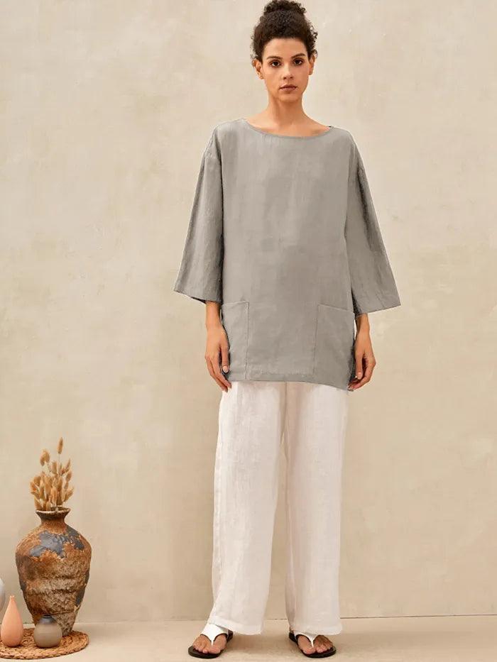 100% Linen Loose Long Shirt LILY - TOPS-Linen Tunics