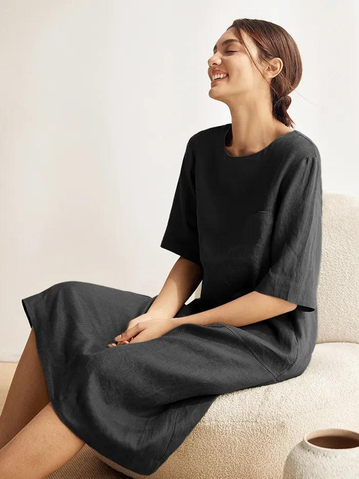 100% Linen Mid-Sleeve Maxi Dress GEORGINA - DRESSES-Linen