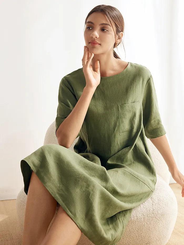 100% Linen Mid-Sleeve Maxi Dress GEORGINA - DRESSES-Linen