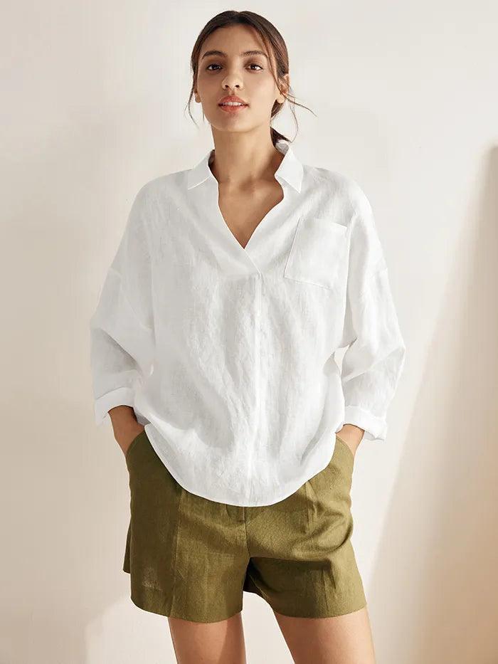 Linen Oversized Fit Pocket Shirt ELOWEN - Optic White / XS - TOPS-Linen Blouses