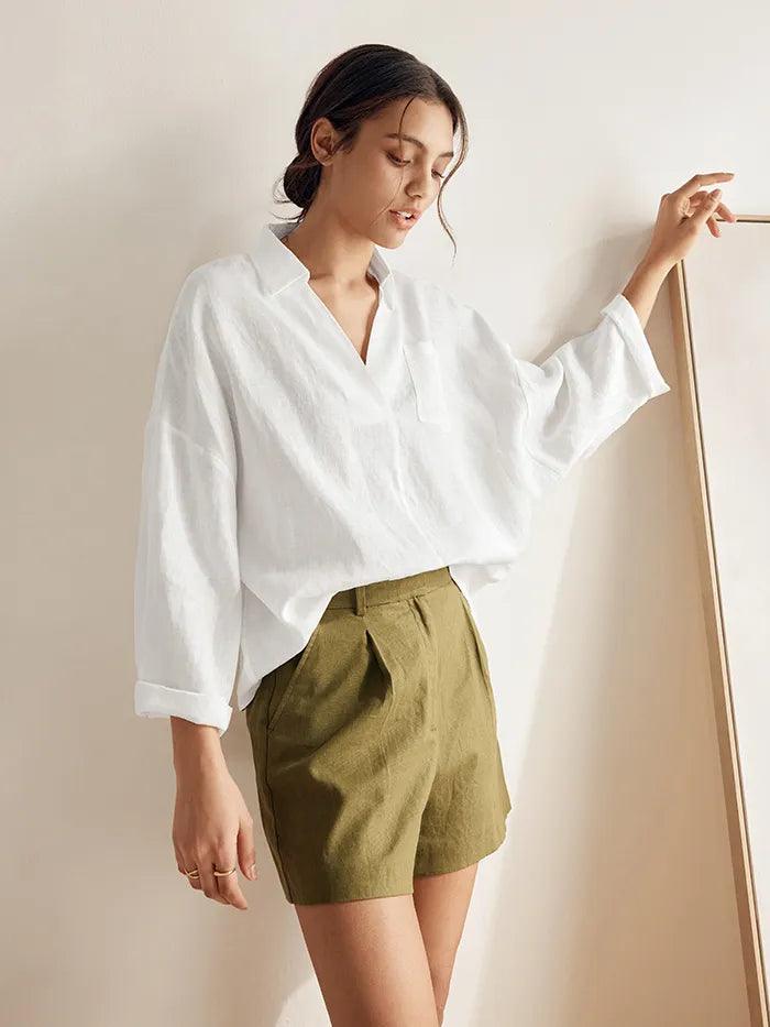 Linen Oversized Fit Pocket Shirt ELOWEN - TOPS-Linen Blouses