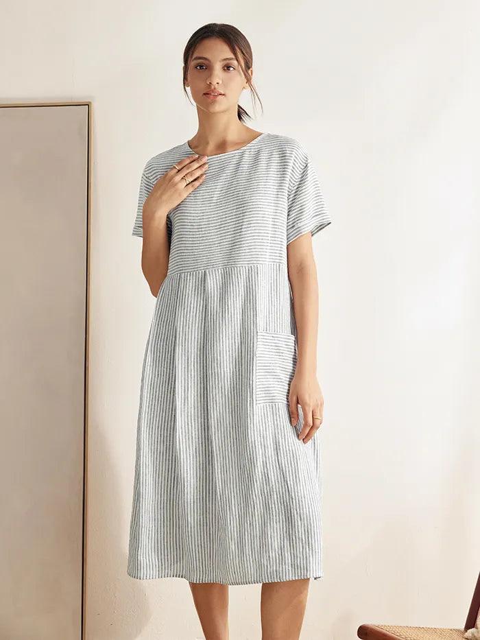 100% Linen Pinstripe Paneled Short Sleeved Dress MORGAN