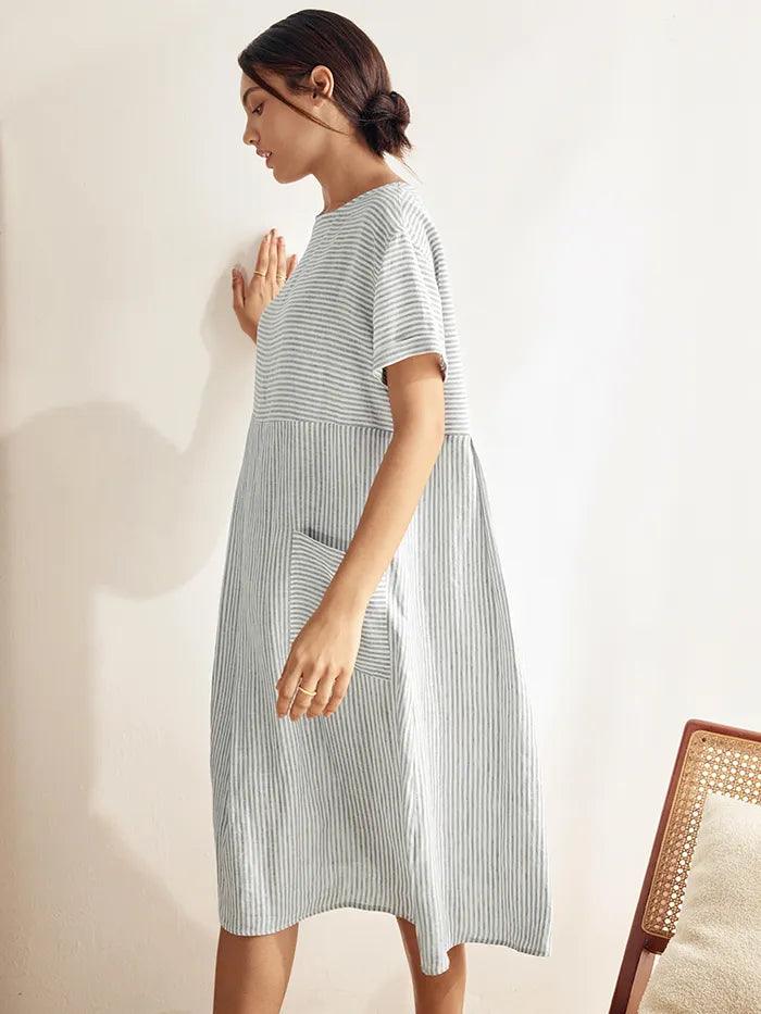 MORGAN 100% Linen Pinstripe Paneled Short-Sleeved Dress - DRESSES-Linen Midi
