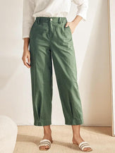 Linen Pocketed Straight-Leg Ankle Pants NINA - Forest Green / S - BOTTOMS-Linen