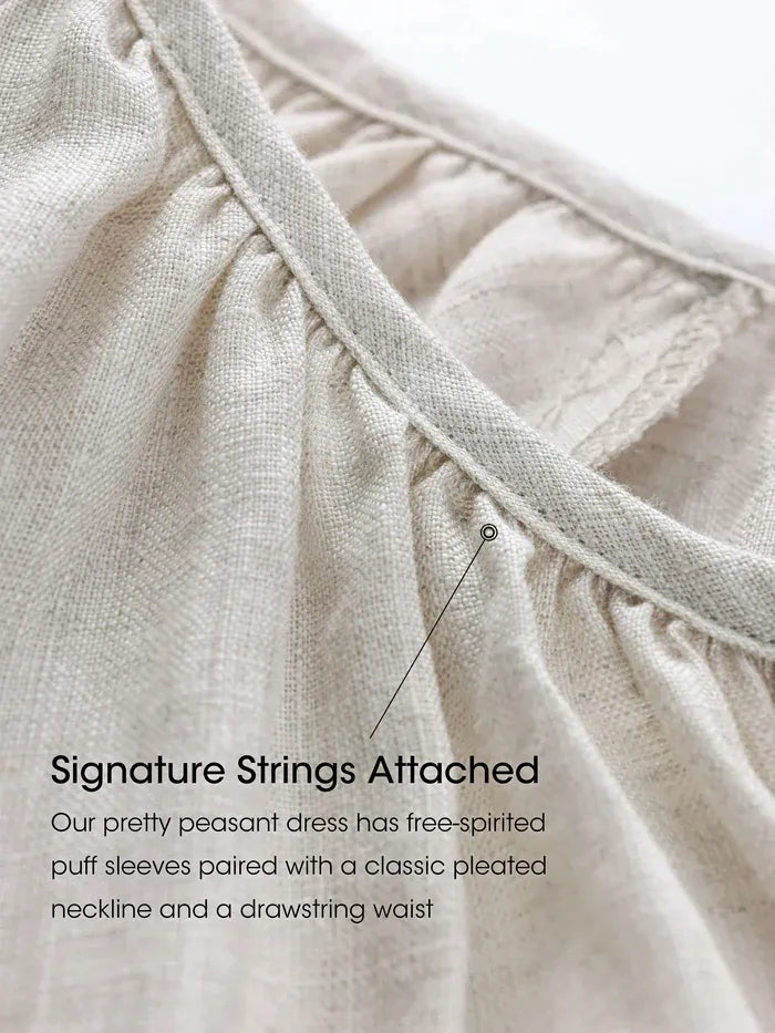 100% LINEN PUFF SLEEVE DRAWSTRING WAIST MAXI DRESS MILLY