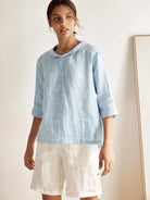 JADE 100% Linen Shawl V-Neck Half Sleeve Top - TOPS-Linen Blouses