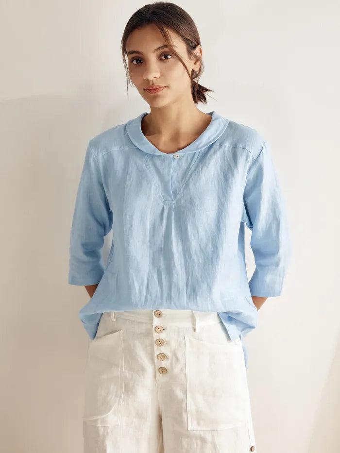 JADE 100% Linen Shawl V-Neck Half Sleeve Top - TOPS-Linen Blouses