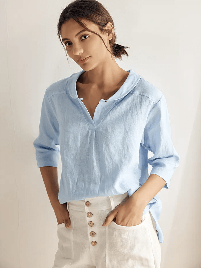JADE 100% Linen Shawl V-Neck Half Sleeve Top - Baby Blue / S - TOPS-Linen Blouses