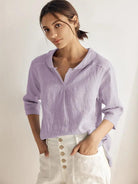 JADE 100% Linen Shawl V-Neck Half Sleeve Top - Lavender / XS - TOPS-Linen Blouses