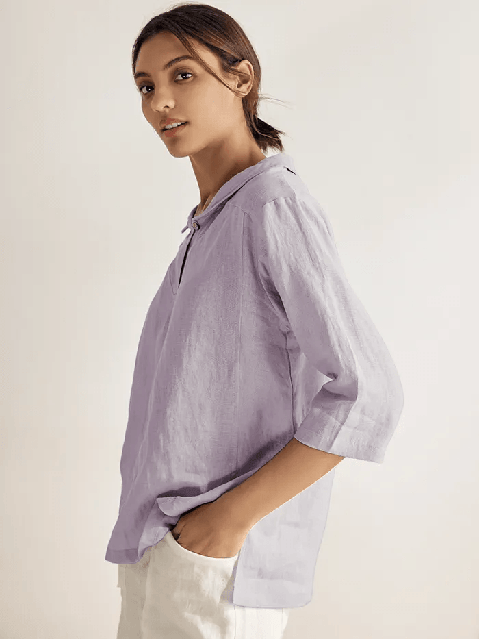 100% Linen Stripe Shawl V-Neck Half Sleeve Top - TOPS-Linen Blouses