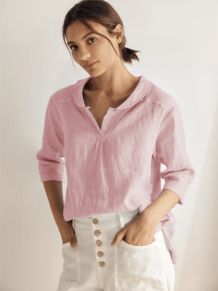 100% Linen Stripe Shawl V-Neck Half Sleeve Top - TOPS-Linen Blouses