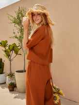 100% Linen Short Sleeve Top High Waist Wide Leg Pants Two-Piece Set NEVE - SETS-Linen Sets