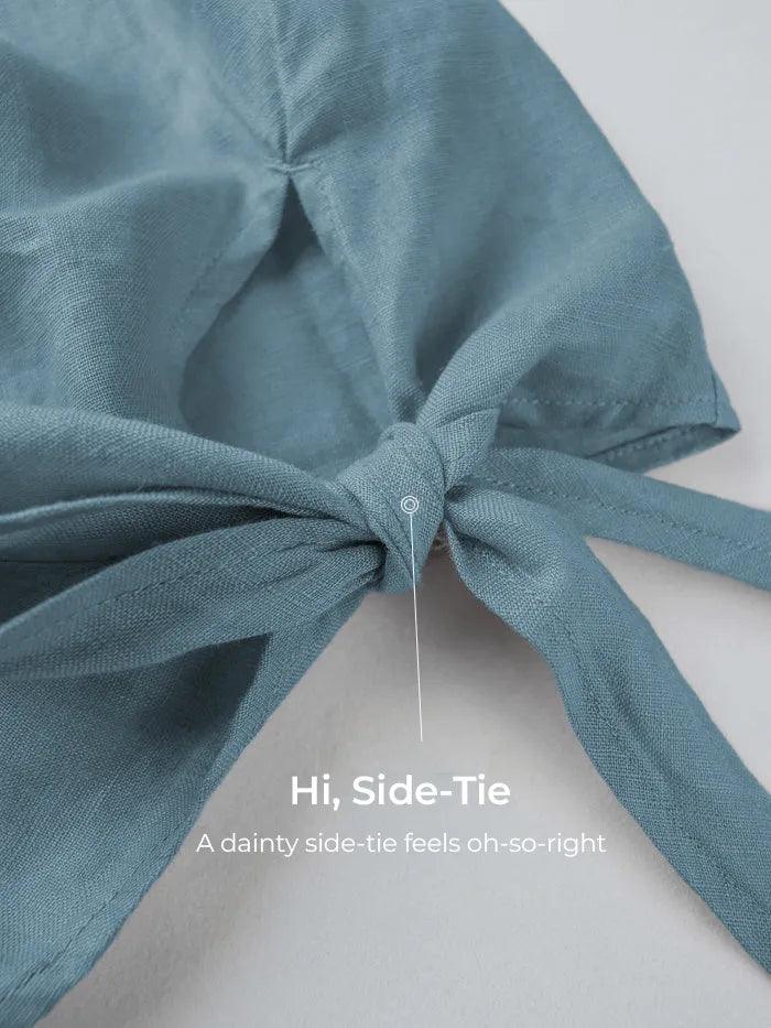 Blue Linen Side-Tie Top | Women's Boxy Shirt with Button