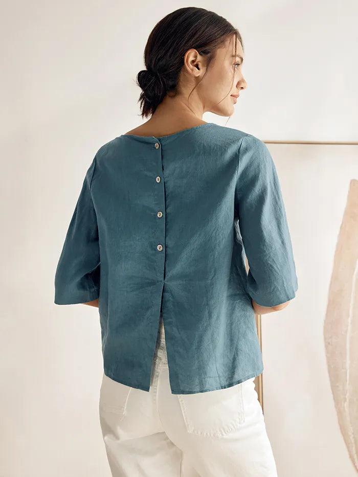 トップス Let LOOSE THOUGHTFUL LINEN SHIRT Blue Linen Side-Tie Top | Women's Boxy Shirt with Button-Back