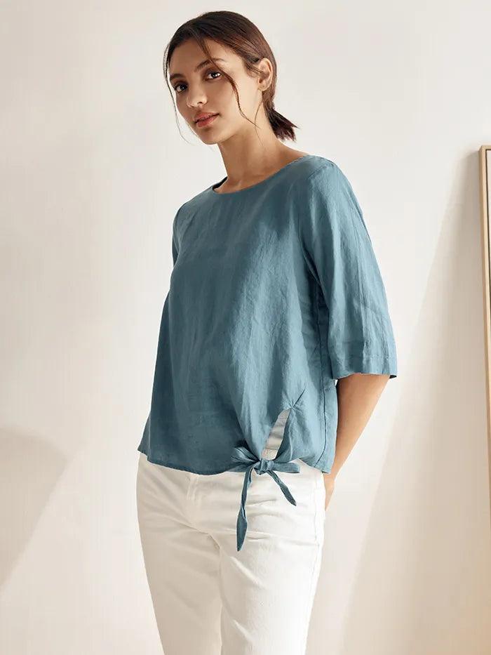 100% Linen Side-Tie Button-Back Boxy Top ELSIE - TOPS-Linen Blouses